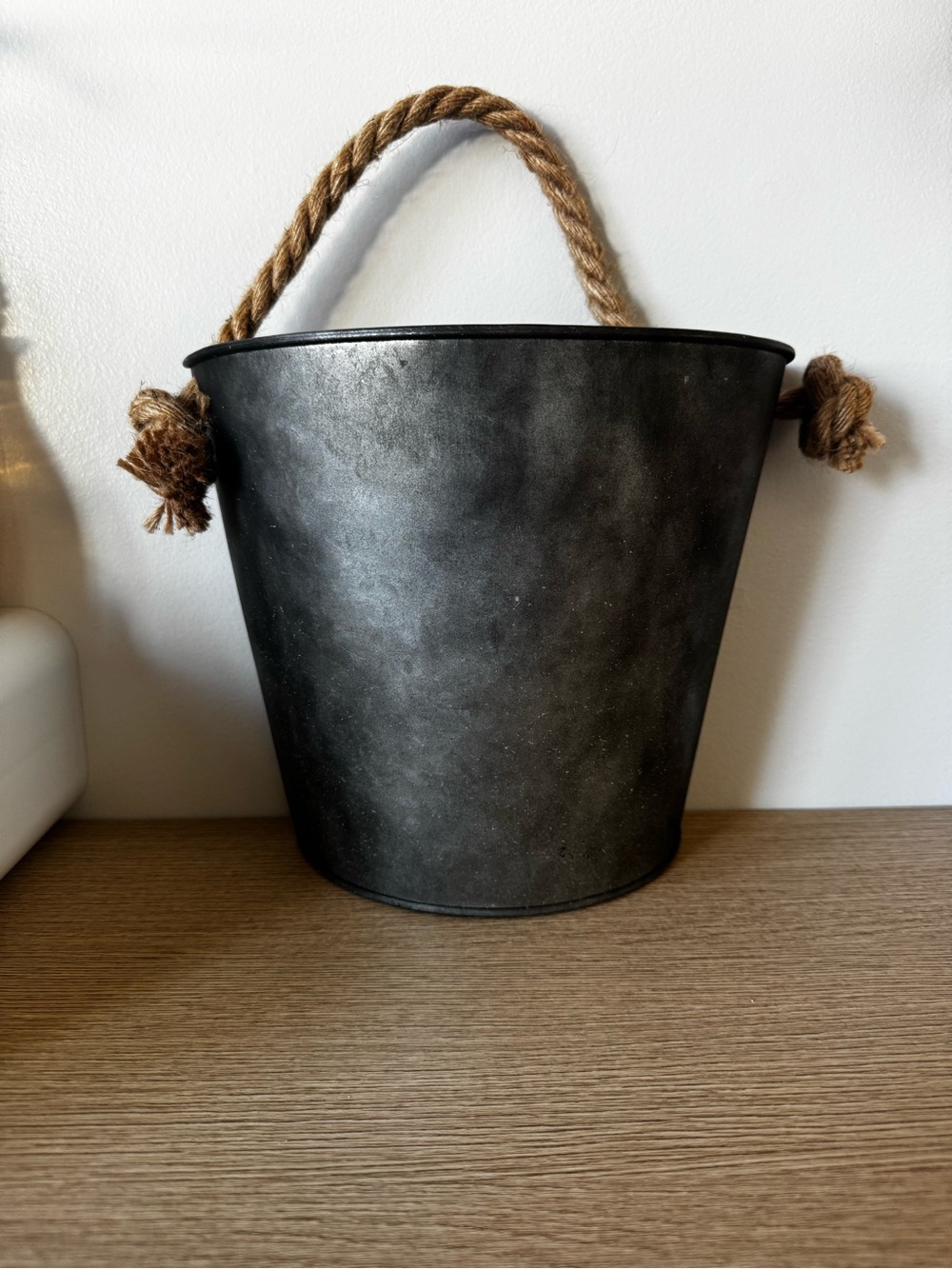 Rope-Handled Metal Planter Bucket - Dark Silver Color